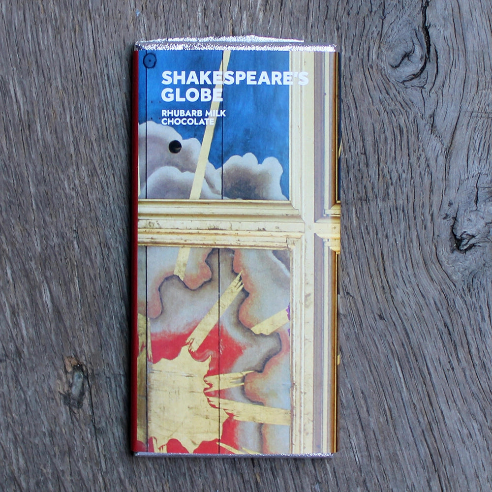 Foil wrapped chocolate bar with printed paper wrap indicating Shakespeare's Globe