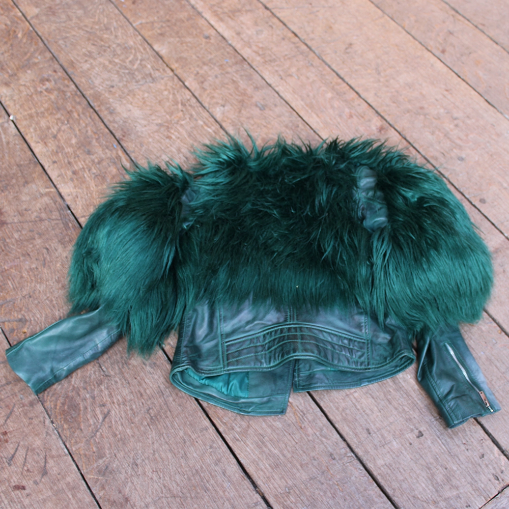 
                      
                        Forest green leather jacket with faux fur forest green shawl added
                      
                    