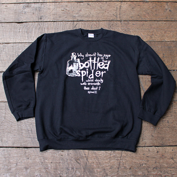 Black unisex sweatshirt with white graphic text in centre, scratchy stylised text and spider in bottle graphic image