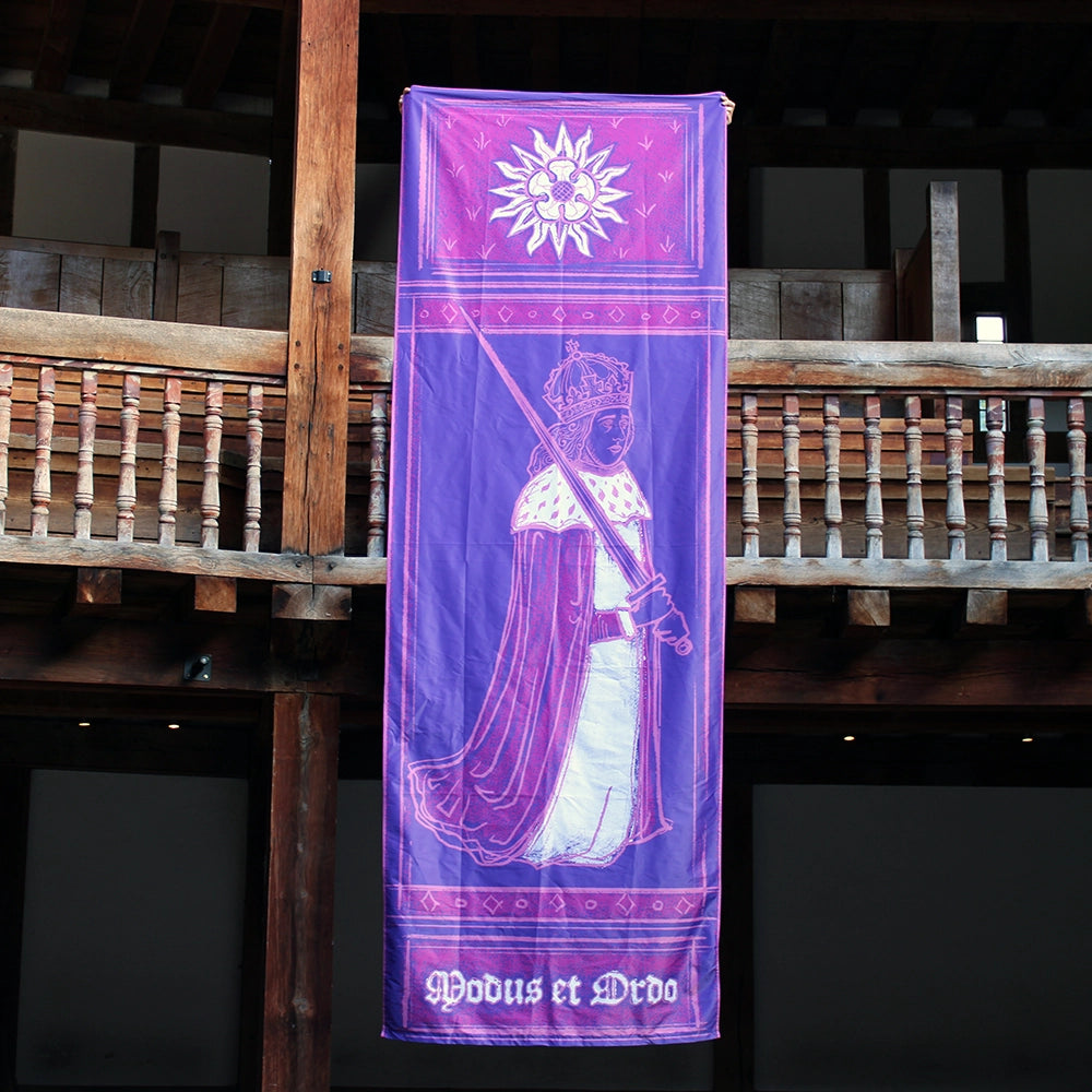 
                      
                        Screen printed fabric banner, with purple, pink and white graphics, sewn edges
                      
                    