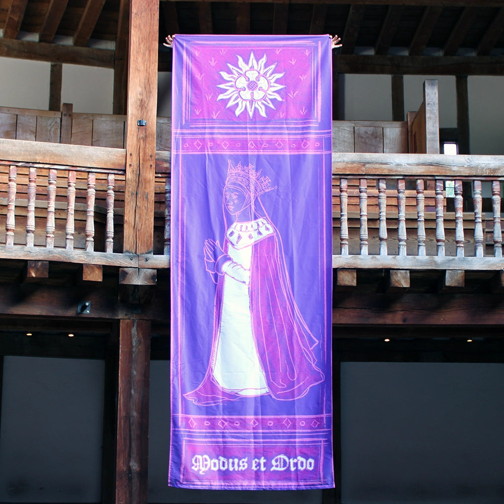 Screen printed fabric banner, with purple, pink and white graphics, sewn edges