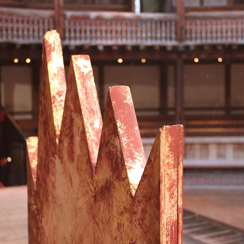 
                  
                    Chipboard throne from Richard III production at Shakespeare's Globe 2024, throne has jagged cut top and is mounted on chipboard base
                  
                