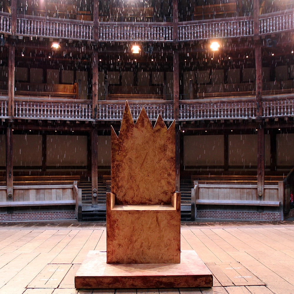 Chipboard throne from Richard III production at Shakespeare's Globe 2024, throne has jagged cut top and is mounted on chipboard base