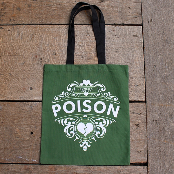 
                      
                        Olive green cotton tote bag with 2 black handles, featuring white graphic and POISON text
                      
                    