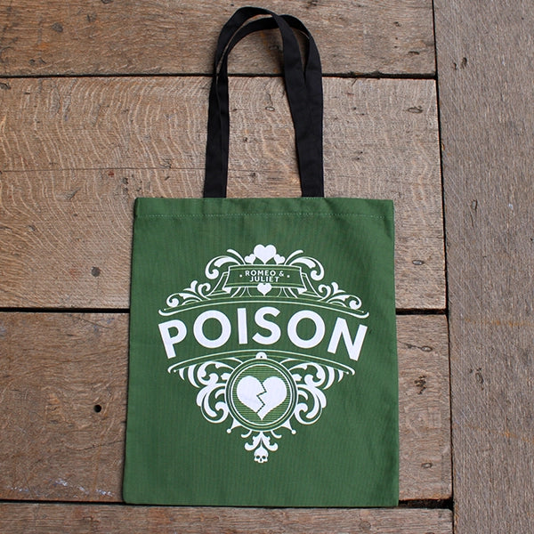 Olive green cotton tote bag with 2 black handles, featuring white graphic and POISON text