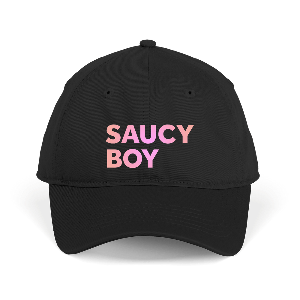 
                  
                    Black baseball cap printed with pink text that reads SAUCY BOY
                  
                