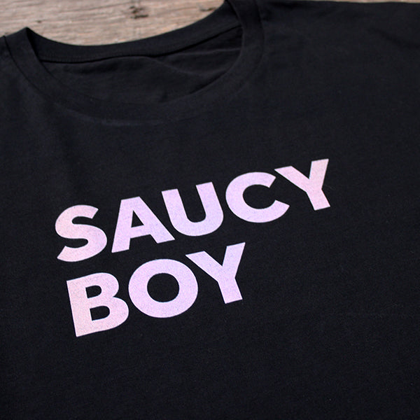 
                  
                    Black cotton t-shirt with a light pink typographic print to the chest
                  
                