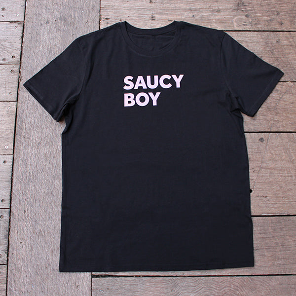 Black cotton t-shirt with a light pink typographic print to the chest