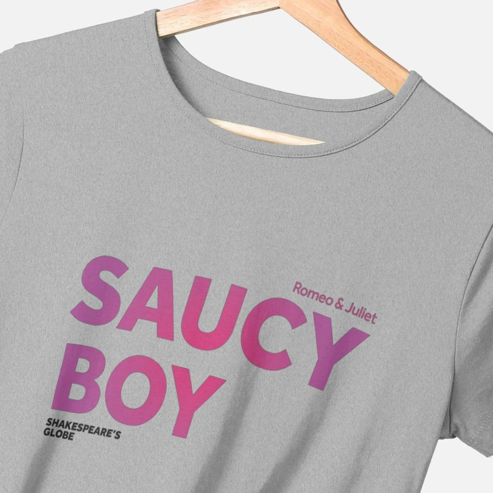 
                  
                    Grey fitted t-shirt with gradient dark to pale pink text print across the centre front
                  
                