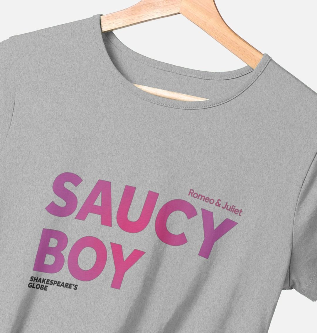 Grey fitted t-shirt with gradient dark to pale pink text print across the centre front