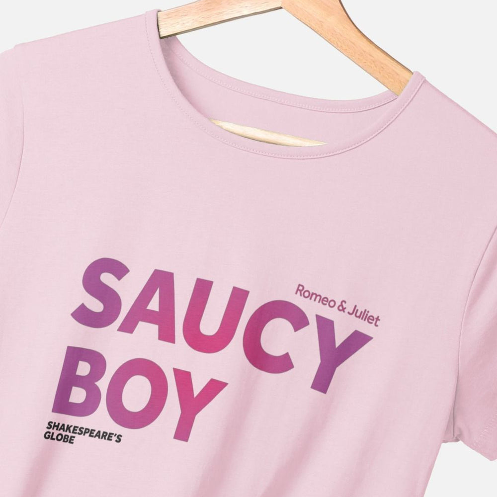 
                  
                    Pale pink fitted t-shirt with gradient dark to pale pink text print across the centre front
                  
                