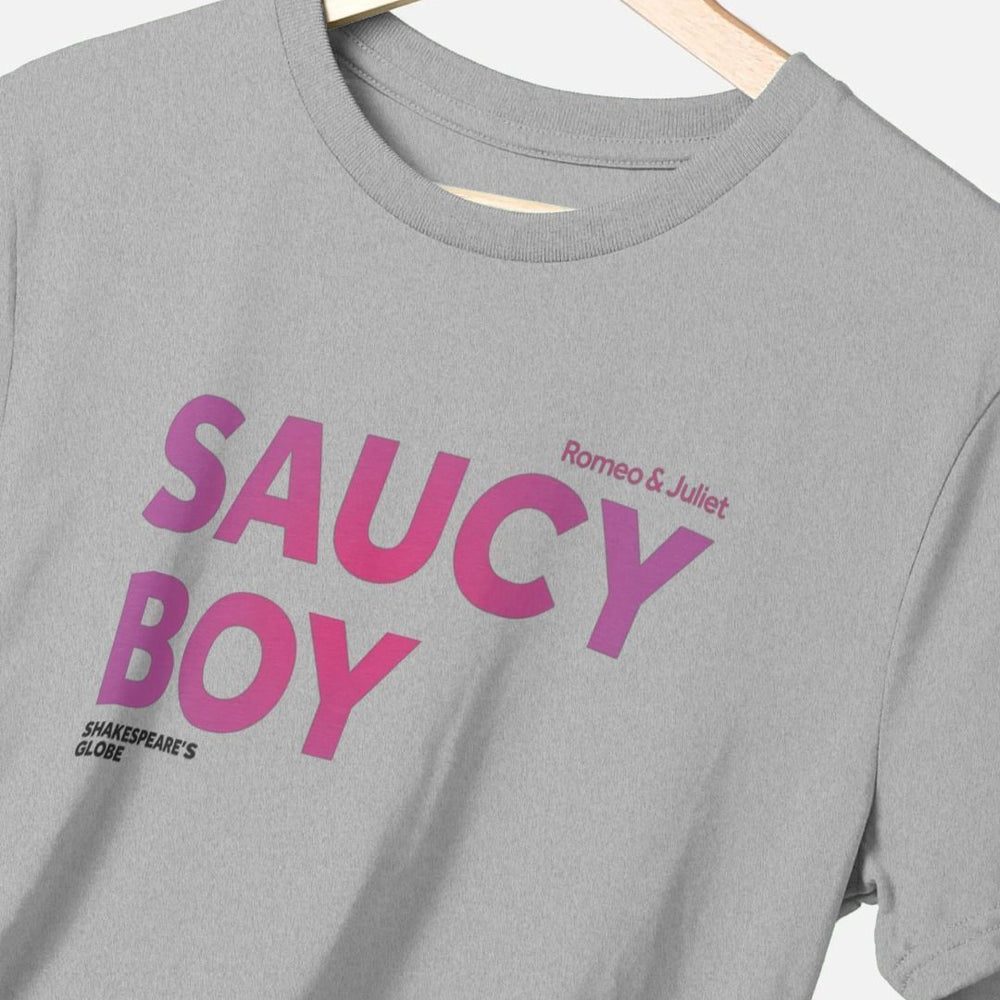 
                  
                    Grey standard fit t-shirt with gradient dark to pale pink text print across the centre front
                  
                