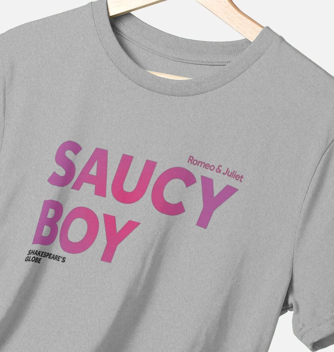 Grey standard fit t-shirt with gradient dark to pale pink text print across the centre front