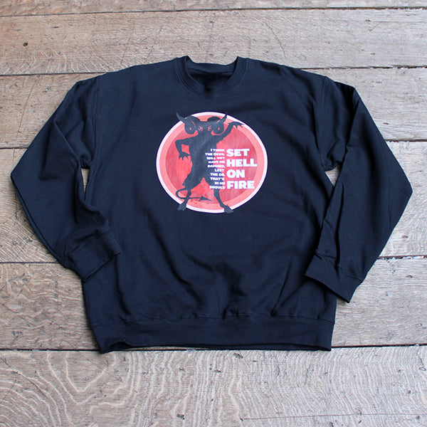 Black polycotton sweatshirt with red central circle graphic with black devil character and white text