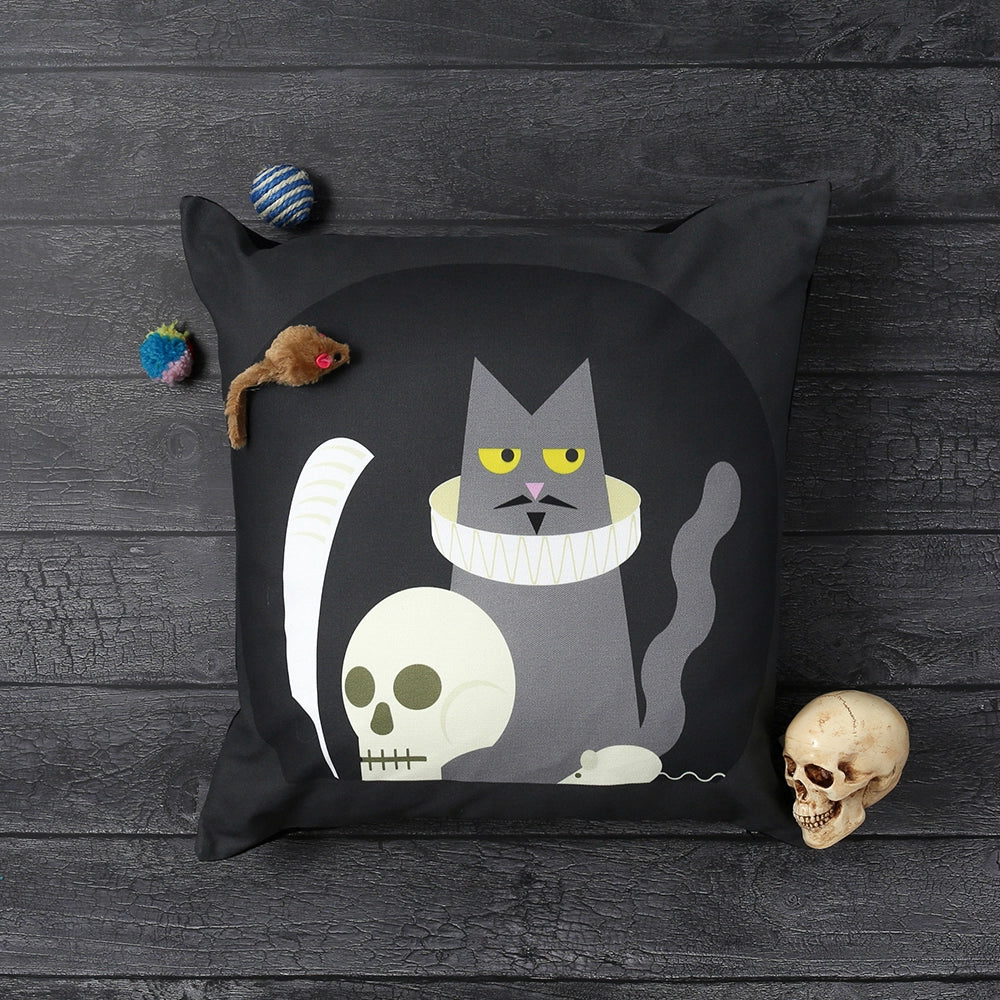 
                      
                        Grey cotton square cushion cover with graphic of cat in ruff, holding a quill with a skull and mouse
                      
                    