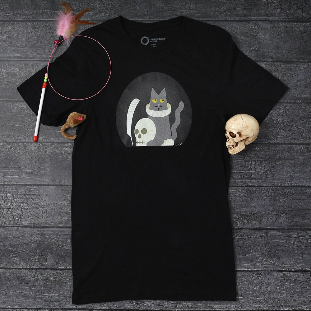 Black round-necked, short-sleeved cotton t-shirt printed with a cartoon image of a grey cat wearing an Elizabethan ruff.