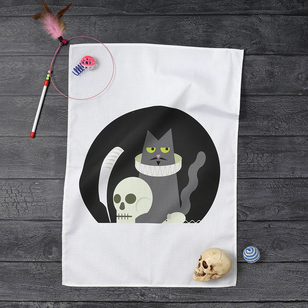 
                      
                        White cotton tea towel with black circle in the centre featuring cat in a ruff, holding a quill with a skull and a mouse
                      
                    