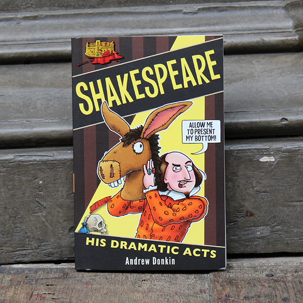 Paperback book with brown curtain and yellow spotlight on cartoon William Shakespeare holding donkey head costume