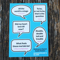 A sheet of five Shakespeare-themed speech bubble stickers with quotes and play names, displayed flat on a dark wood background. The stickers feature white speech bubbles with black outlines and text on a bright blue backing sheet.