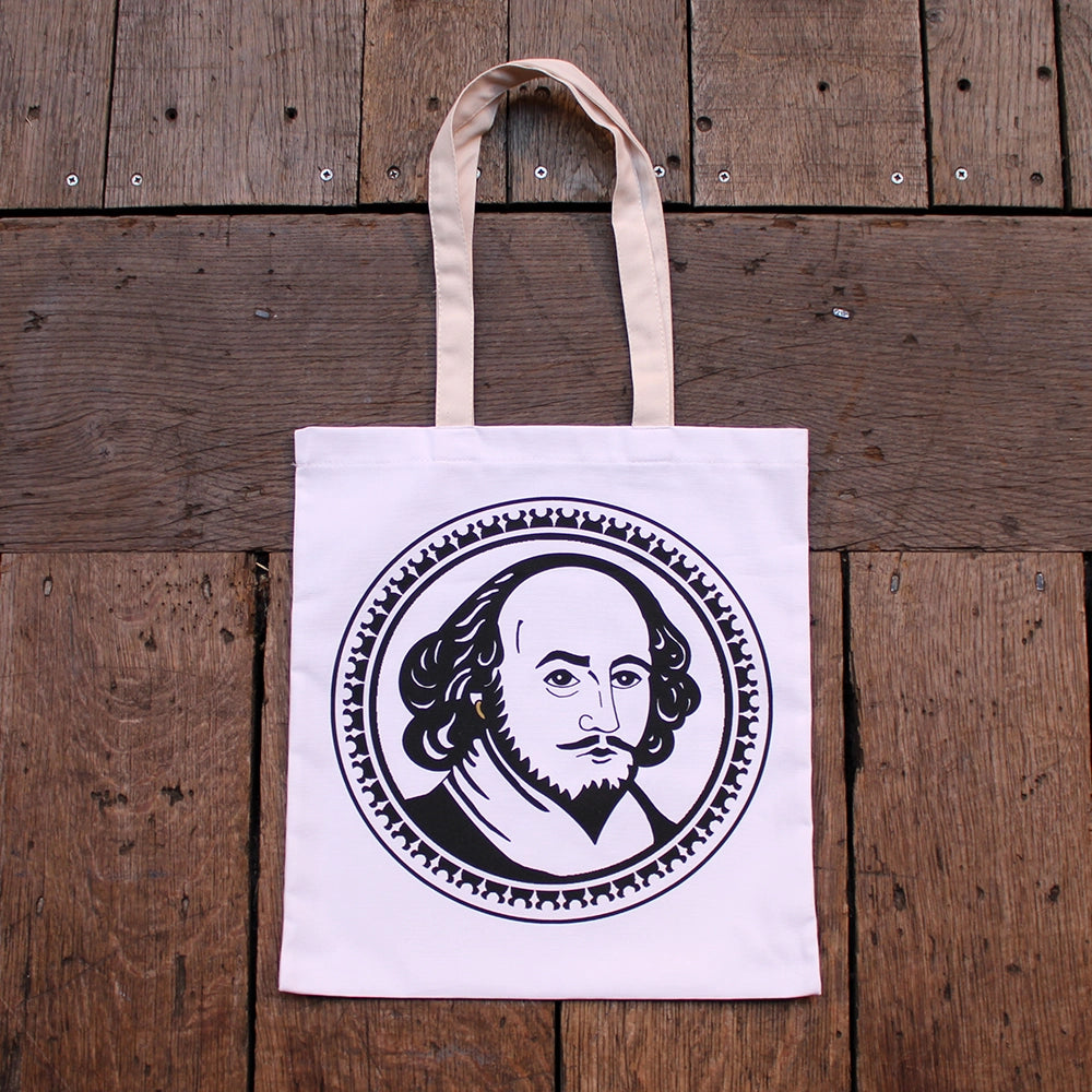 Natural cotton tote bag with black line graphic drawing of William Shakespeare in circular drawn frame