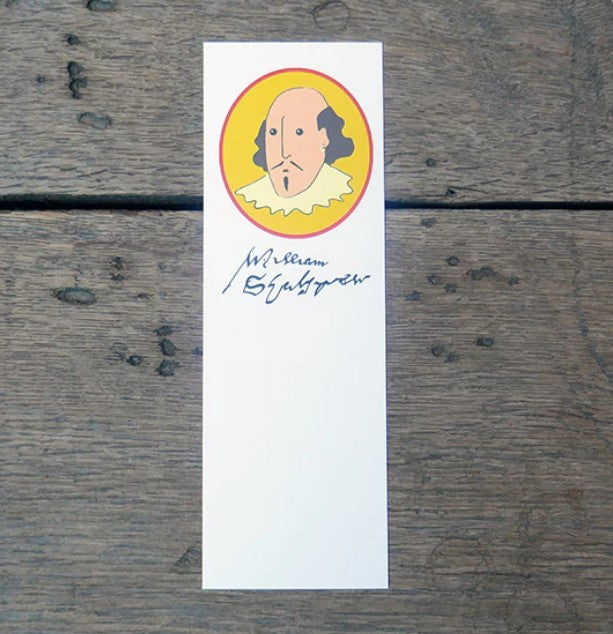 
                      
                        White rectangular paper bookmark with yellow portrait of cartoon William Shakespeare at the top
                      
                    