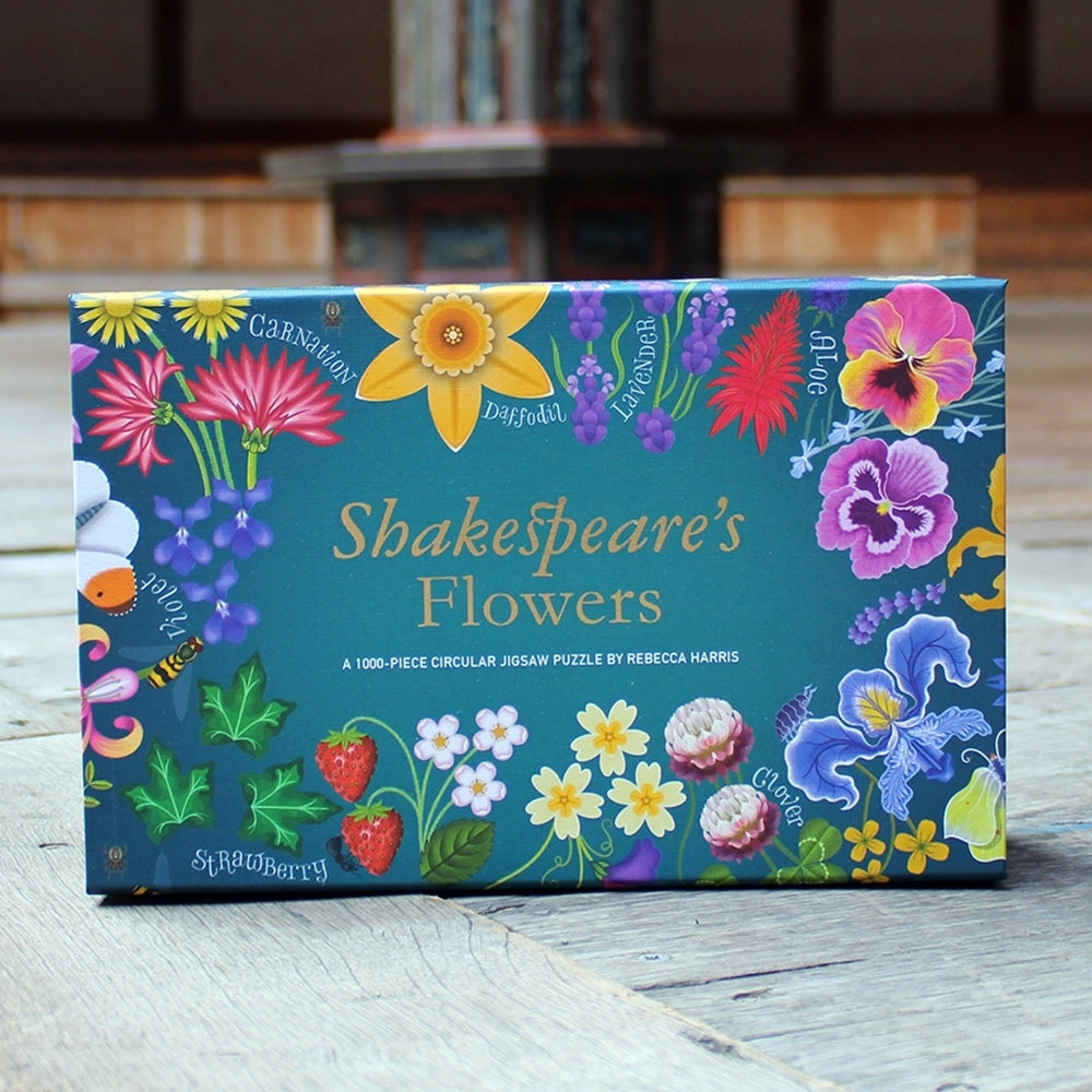 
                      
                        Green box with colourful images of flowers on it, the words 'Shakespeare's Flowers' are printed in the middle in gold.
                      
                    