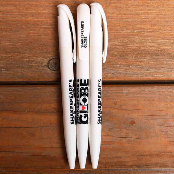 Off white pen with black graphic text and red heart
