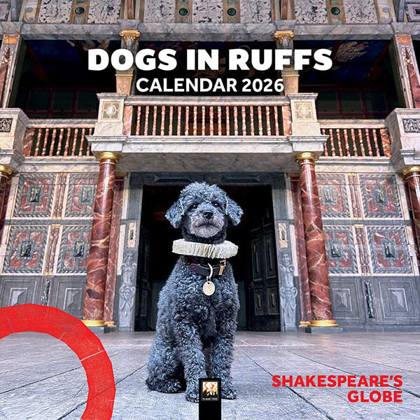 Square calendar cover image of the Globe Stage with white graphic text and Heidi the miniature poodle on the front cover with a ruff on