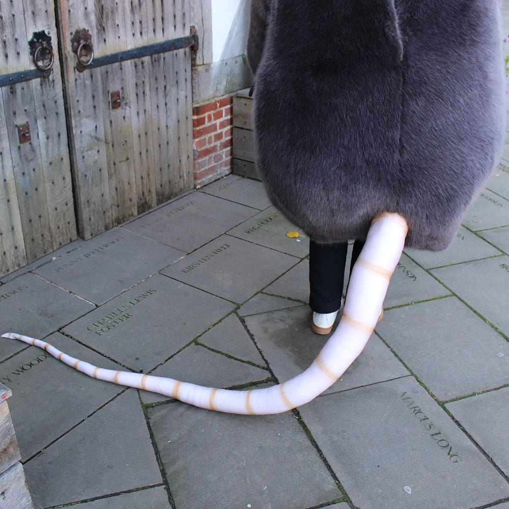 
                  
                    Oversized shrew, rodent costume in shades of grey with natural beige tail
                  
                