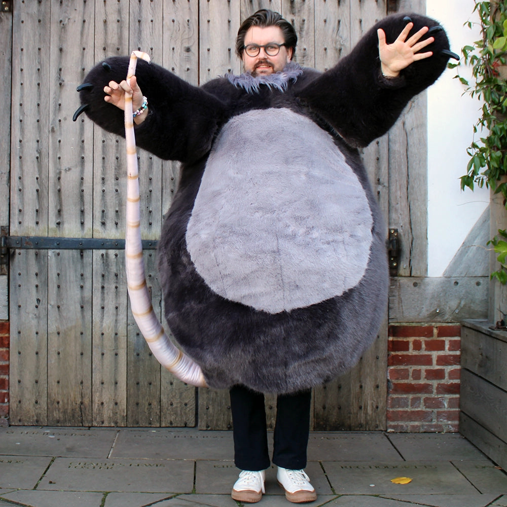 Oversized shrew, rodent costume in shades of grey with natural beige tail