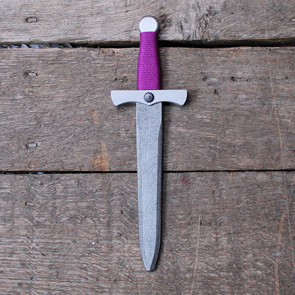 Wooden dagger painted silver with purple wrapped string handle