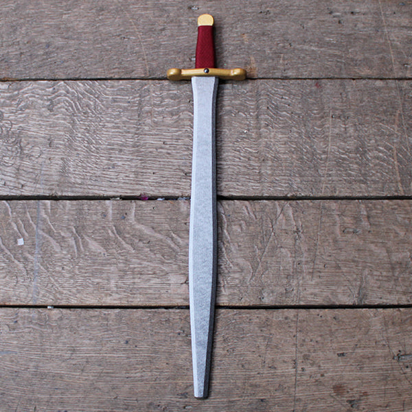Silver blade wooden sword with gold handle wrapped in maroon string