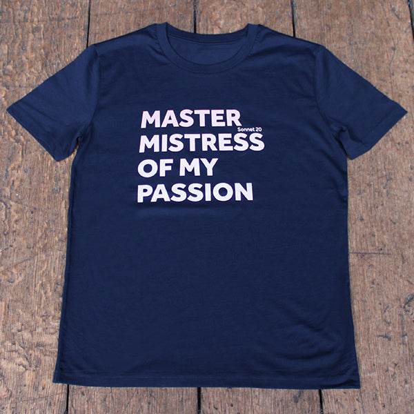 Navy blue t-shirt with a typographic print on the chest