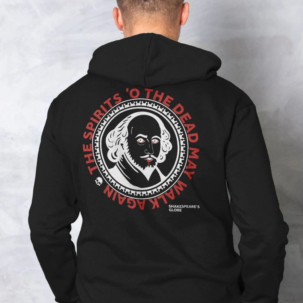 Black hoody back with large circular graphic of zombie William Shakespeare with red quote text surrounding