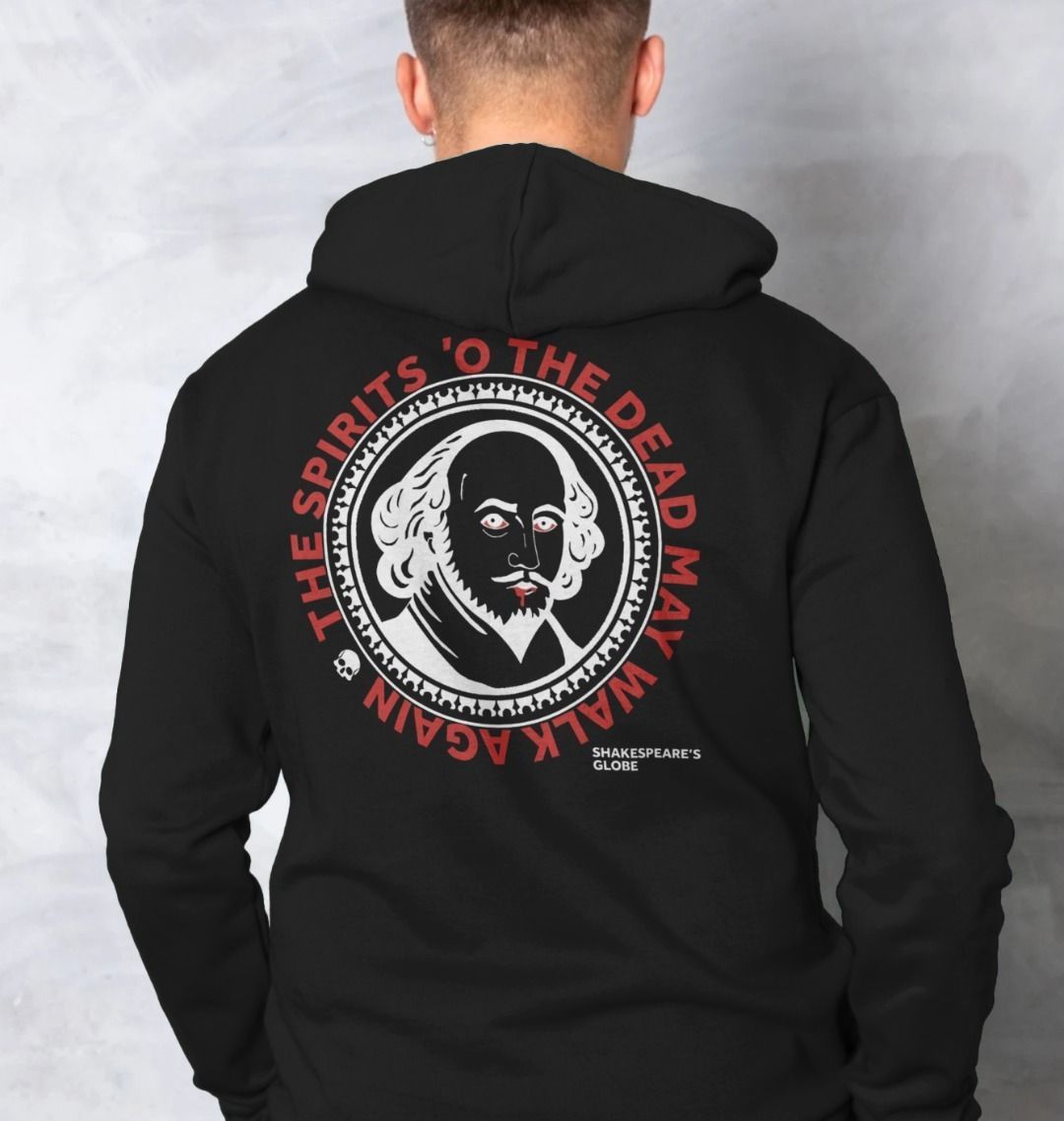 Black hoody back with large circular graphic of zombie William Shakespeare with red quote text surrounding