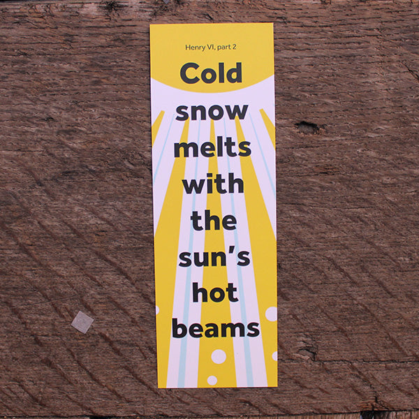 Hard card bookmark with yellow sun and sunrays cascading down the bookmark, bold black text overtop