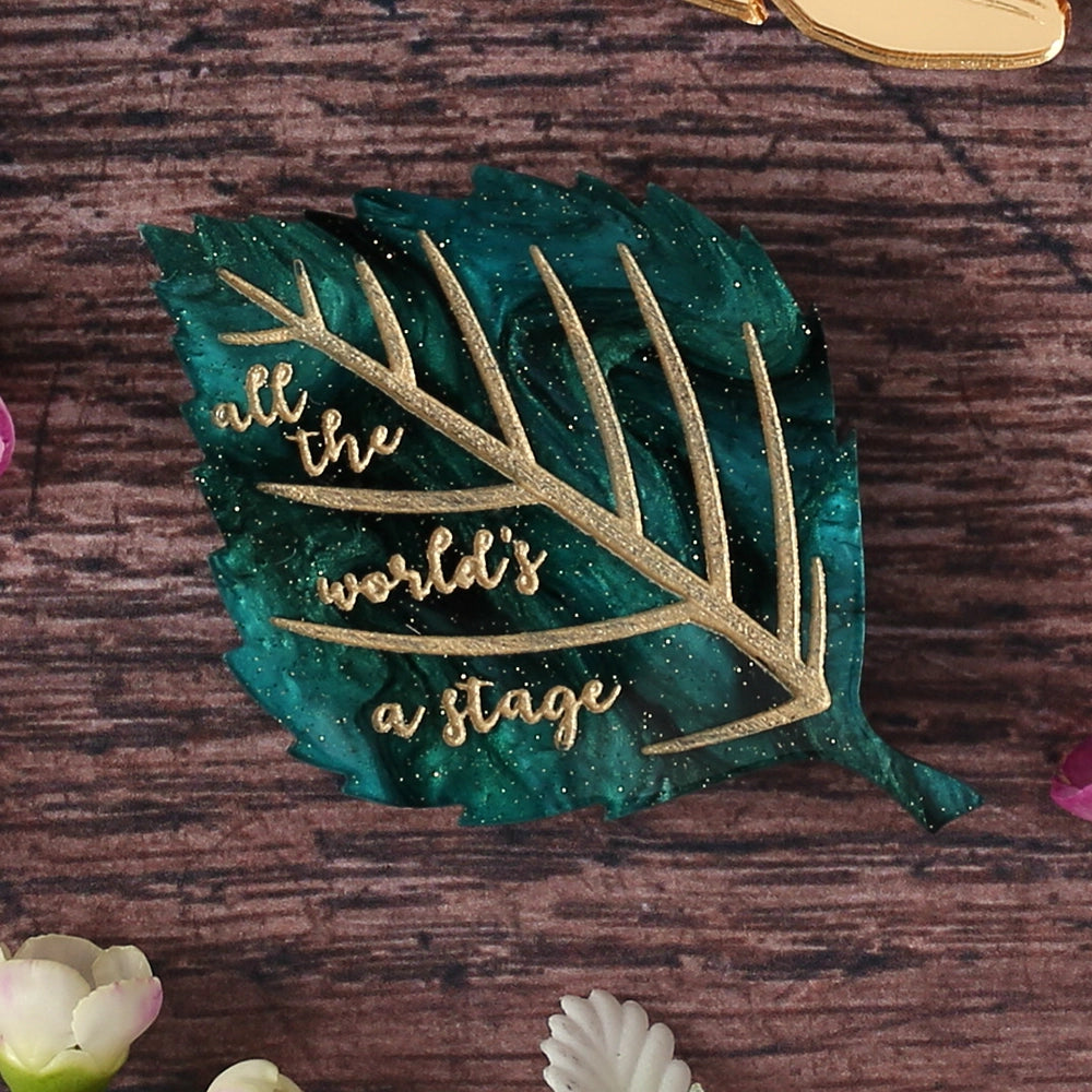 Jewel green leaf brooch with gold engraved text