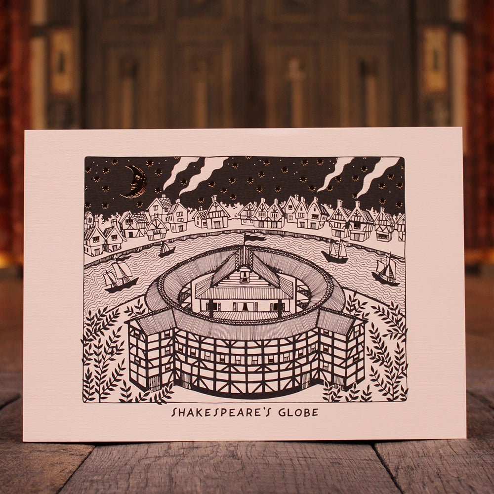 
                  
                    Black and white etching style print of the Globe Theatre, ivory card backing
                  
                