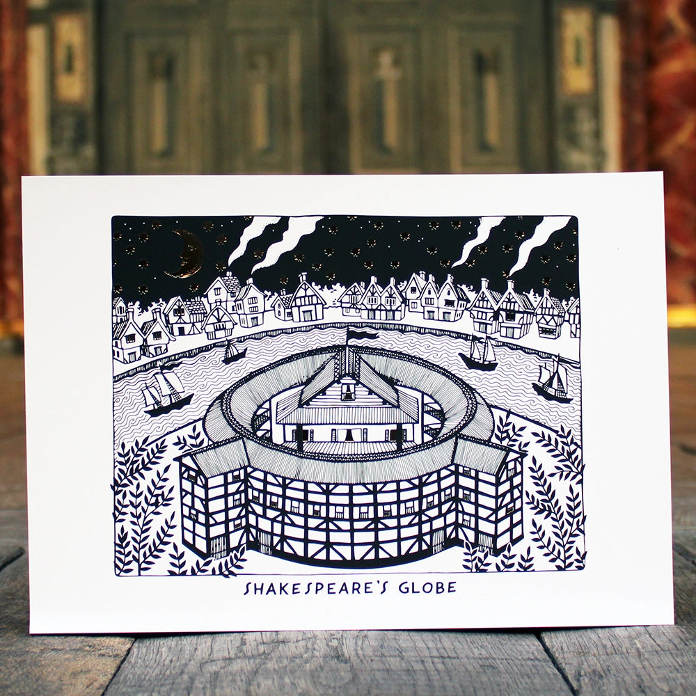 
                  
                    Black and white etching style print of the Globe Theatre, white card backing
                  
                