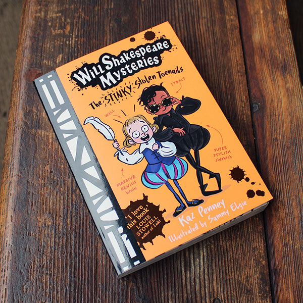 Book titled 'Will Shakespeare Mysteries: The STINKY Stolen Toenails' on a wooden surface
