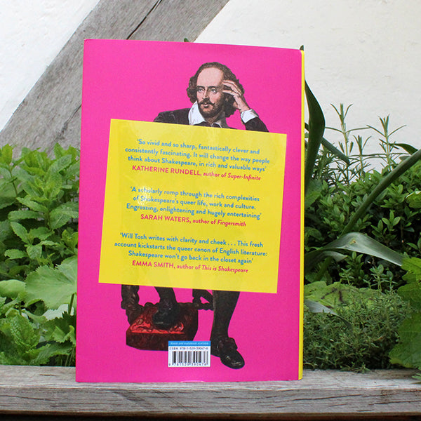 
                  
                    Hot pink hardback book with yellow text blocks and blue writing with drawing of William Shakespeare seated
                  
                