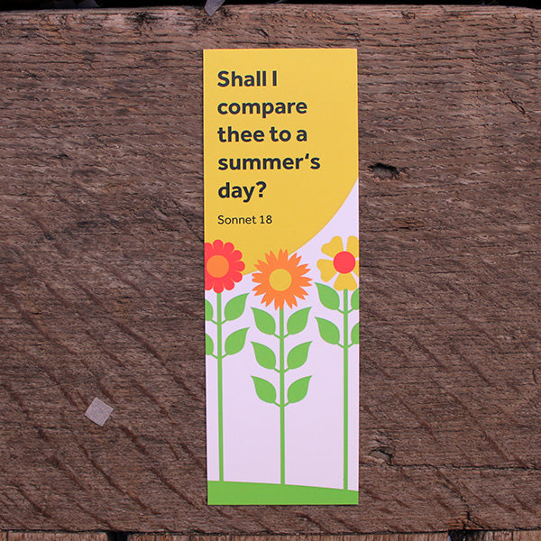 
                  
                    Hard card bookmark with art deco style drawing of three flowers in yellow and orange under a bright yellow sun with bold black text
                  
                