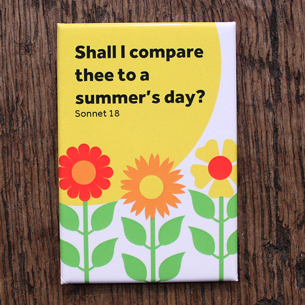 Portrait orientated magnet with summer sun and 3 flowers in the foreground, with black quote text