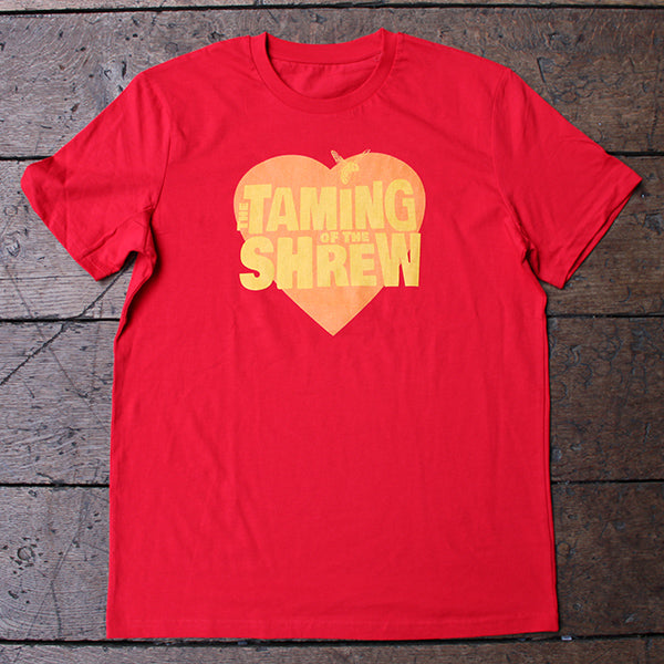 Red graphic t-shirt with central yellow and orange graphic of heart, wasp and text