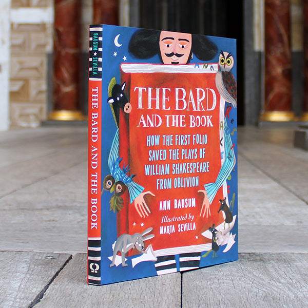 
                      
                        Blue and red hardback book with cartoon Shakespeare and animals and white and pale blue text
                      
                    