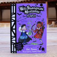 The front cover of the children's book 'Will Shakespeare Mysteries: The Pearly Pants' by Kaz Penney, illustrated by Sammy Elgie, shown standing upright against a blurred outdoor background.