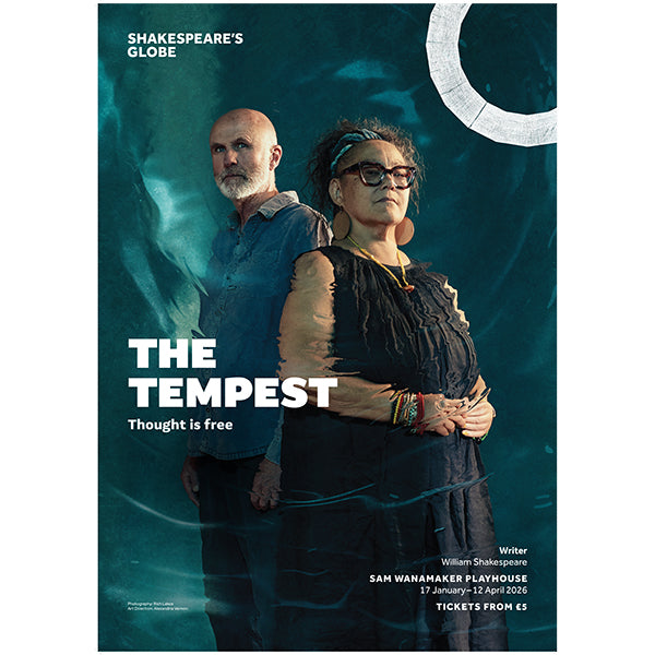 Promotional poster for 'The Tempest' at Shakespeare's Globe with two actors.