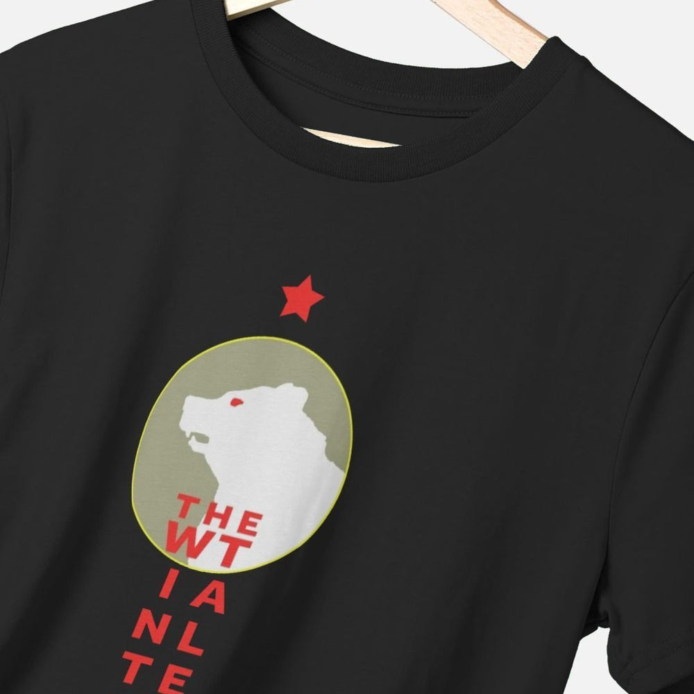 black round neck t-shirt with a print of a white bear inside a circle with red blocky text underneath.