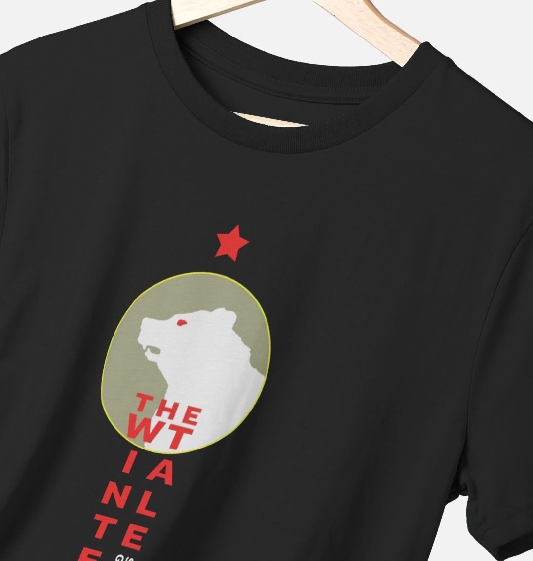 black round neck t-shirt with a print of a white bear inside a circle with red blocky text underneath.