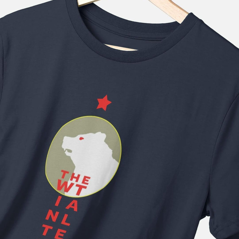 
                  
                    navy blue round neck t-shirt with a print of a white bear inside a circle with red blocky text underneath.
                  
                